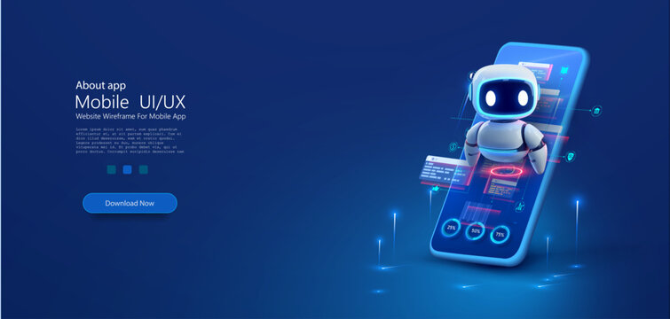 3d vector ai chatbot robot assistant floating above smartphone with holographic interface charts icons and data panels on blue technology background