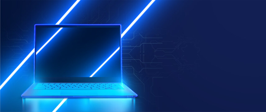Futuristic glowing blue laptop computer with blank screen on reflective surface with neon light beams and circuit board lines on dark technology background with copyspace