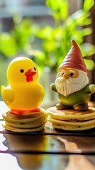 A yellow duck and a garden gnome stand on top of pancakes, with a blurred green background and bright sunlight.