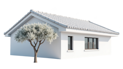 Modern house with white exterior and tiled roof, featuring tree in front, showcasing clean and minimalist design