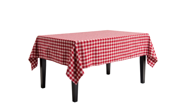 Red and white checkered tablecloth drapes over wooden table, creating cozy and inviting atmosphere for dining