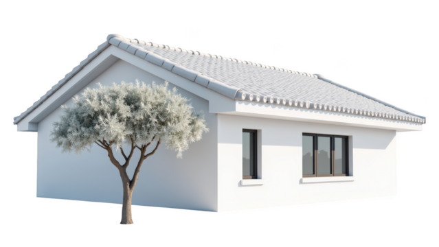 Modern house with white exterior and tiled roof, featuring tree in front, showcasing clean and minimalist design