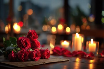 Romantic date night with red roses on a table surrounded by soft candlelight and a cozy atmosphere in a dimly lit restaurant
