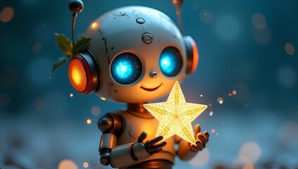 A cute robot holding a glowing star with friendly expression in magical scene.