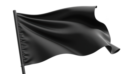 Black flag waving wind, symbolizing various meanings such as protest, surrender, or anarchy. fabric appears smooth and glossy, enhancing its