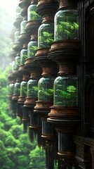 Close-up of a wall with a series of glass jars containing ferns. The jars are arranged in a row with a lush green forest in the background. The scene has an atm
