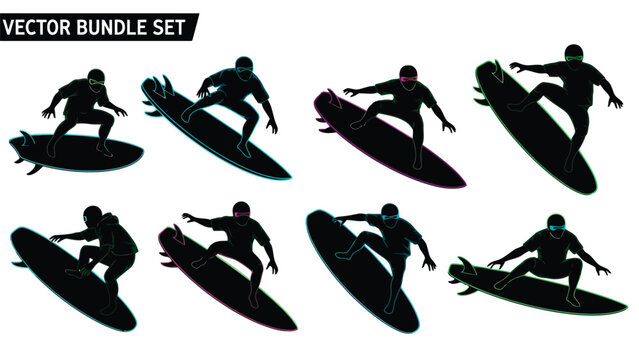 Eight dynamic flat vector surfer silhouettes in various action poses, wearing goggles and wetsuits, riding surfboards, isolated on white background