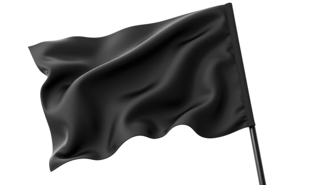 Black flag waving in wind, symbolizing protest or mourning, with smooth texture and flowing appearance