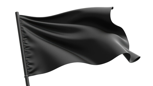 Black flag waving wind, symbolizing various meanings such as protest, surrender, or anarchy. fabric appears smooth and glossy, enhancing its