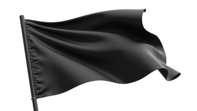 Black flag waving wind, symbolizing various meanings such as protest, surrender, or anarchy. fabric appears smooth and glossy, enhancing its