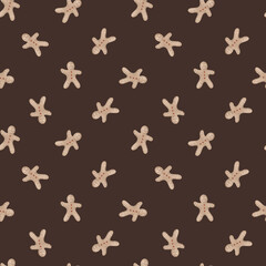 Watercolor hand-drawn seamless pattern with Christmas illustration gingerbread man. New year repeat print for design textile or wrapping paper with cookies.