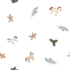 Christmas seamless pattern with symbol new year 2026, horses, pine branches, for tree. Repeat ornament with illustration holly and red berries and sweet cookie gingerbread man.