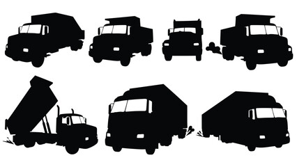 Flat vector illustration of diverse black truck silhouettes, featuring dump trucks, cargo, and delivery vehicles from, isolated on white background