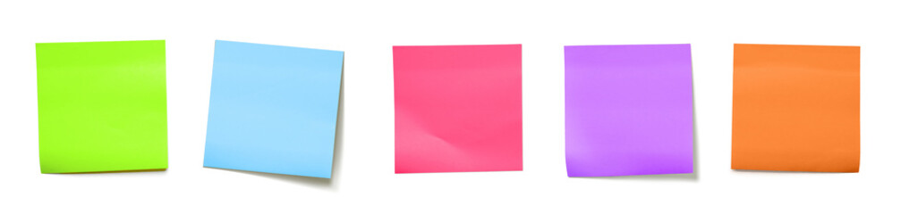 Colorful Sticky Notes in Neon Colors Arranged in Row on transparent Background