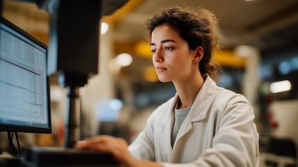 A lab engineer testing the tensile strength of composite materials using a high-pressure mechanical press, data charts updating instantly on the computer beside the machine — material science