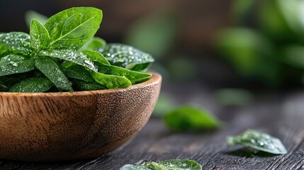 Close-up of fresh basil leaves in a wooden bowl on a rustic wooden table, with water droplets, creating a fresh and natural mood.
