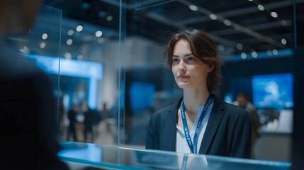 A biometric security booth at a tech expo scanning visitors’ faces in real time, holographic ID badges materializing above a sleek glass counter — cutting-edge event security, futuristic identity