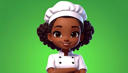 Cartoon-style, smiling, dark-skinned female chef with arms crossed, wearing a white uniform against a vibrant green backdrop