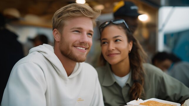A startup founder sharing a celebratory meal with their first employee at a street-food truck, laughing about chaotic launch weeks — human side of entrepreneurship, small-team culture, and early