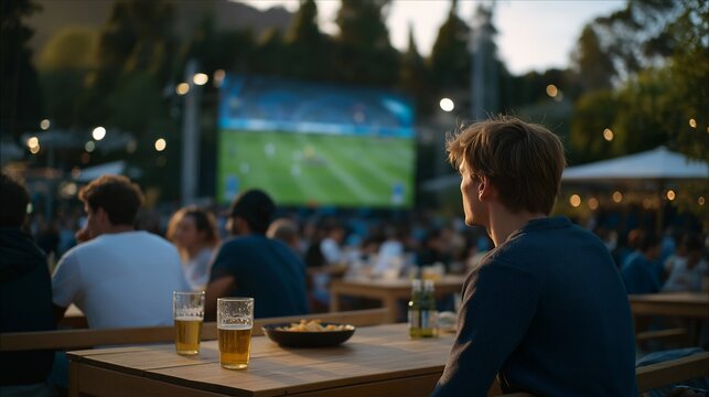A fan zone beer garden with long wooden tables overflowing with snacks, fans clinking cups together as the final seconds of the match play on a massive outdoor screen — social celebration, shared