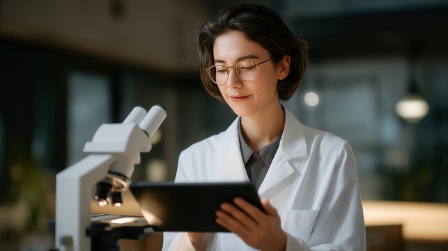 A cosmetic scientist analyzing acne-fighting ingredients like salicylic acid and niacinamide under a lab microscope, molecular structures shown on a digital tablet — skincare formulation science,