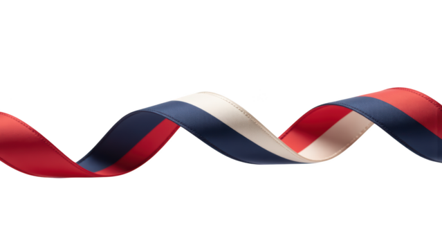 Colorful ribbon with red, white, and blue stripes, flowing gracefully in wave pattern, perfect for decoration or crafting
