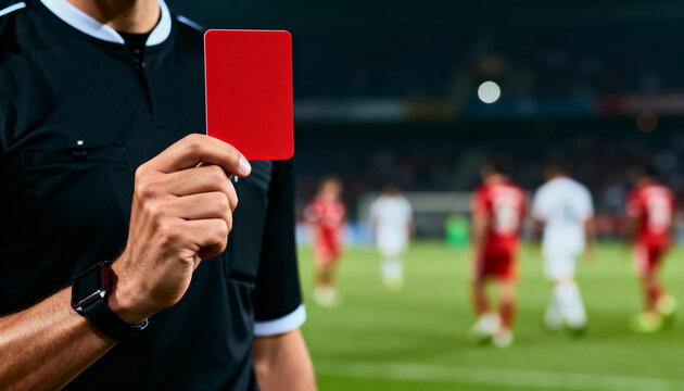 referee showing red card to player during intense night soccer match on field with lights
