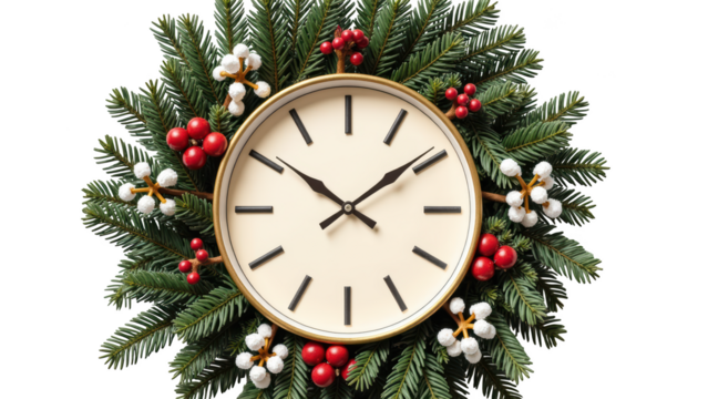 Decorative clock surrounded by evergreen branches, red berries, and white flowers creates festive atmosphere. This charming piece is perfect