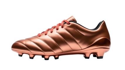 Sleek copper soccer cleat with shiny finish, designed for performance on field, featuring comfortable fit and durable construction