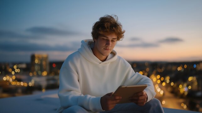 A startup founder taking a quiet moment on a rooftop at sunset, reviewing market insights on a tablet while the city lights flicker below — reflective leadership, long-term vision, and urban