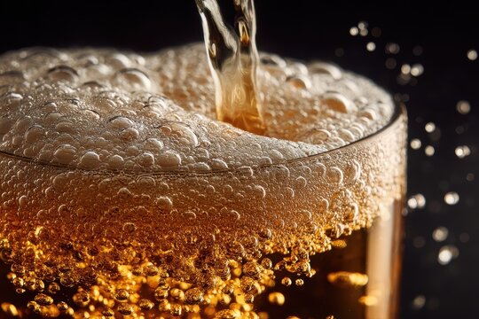 Craft beer pours into a glass creating a rich foam and bubbling texture in a cozy setting during the evening