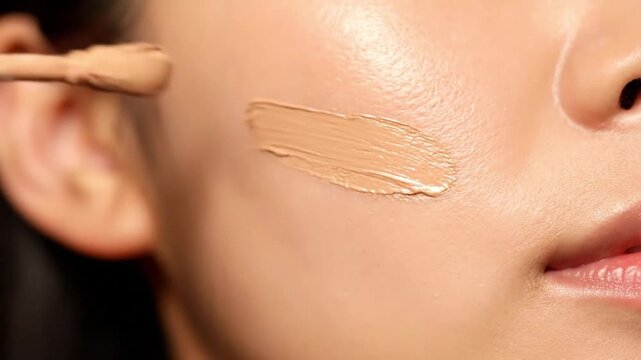Close-up of woman applying liquid foundation to her skin with a cosmetic applicator