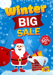 Big winter sale  banner. Snowy background with winter landscape. Vector illustration. Santa Claus He climbs into the pipe.