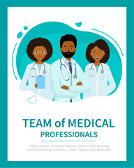 Poster or banner with Group of doctors, medical center. Comes to help doctors and nurses.