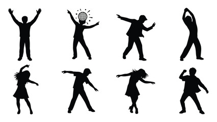 Energetic group of diverse people silhouettes dancing, celebrating with dynamic poses, one figure with sparkling disco, isolated on white background