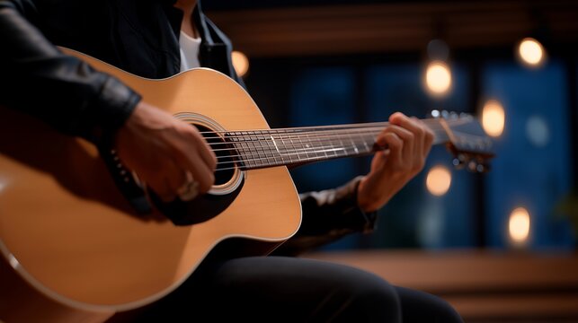 A musician tuning an acoustic guitar on a quiet stage before a live show, fingers gently turning the pegs as warm spotlights illuminate the strings and capture the anticipation of performance —