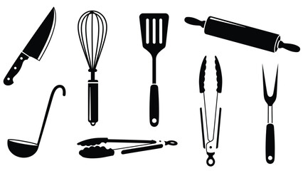 Fototapeta premium Flat vector illustration of essential kitchen utensils: knife, whisk, spatula, rolling pin, ladle, cooking tongs, and, isolated on white background