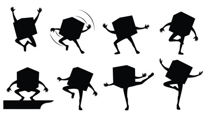 Abstract black geometric characters with human like limbs performing various dynamic poses, including jumping, dancing,, isolated on white background