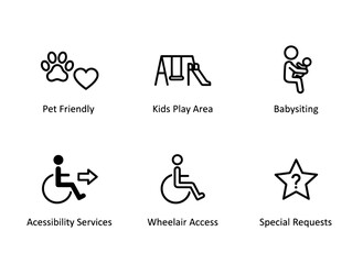 Pet Friendly Kids Play Area Babysitting Accessibility Services Wheelchair Access Icon Set