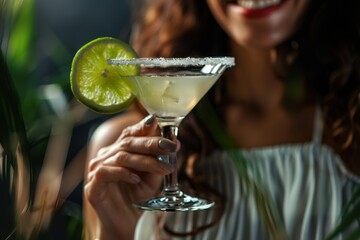 Smiling woman holding a refreshing lime Margarita cocktail with a salty rim and ice cubes, set against a dramatic, moody tropical background with lush green foliage.