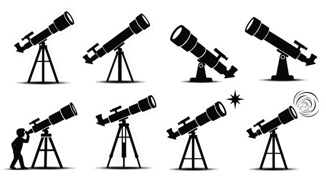 Flat vector illustration set of black silhouette telescopes for astronomy, including a child observing, a shining star,, isolated on white background