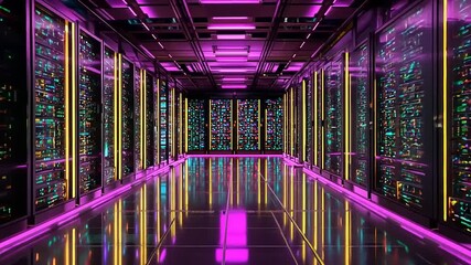 Futuristic data center server room with neon lights and reflections of technology - Powered by Adobe