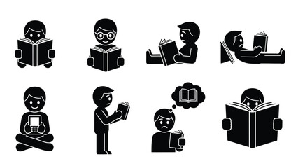 Flat vector stick figures depicting various people reading books and e readers, symbolizing education, learning, and, isolated on white background