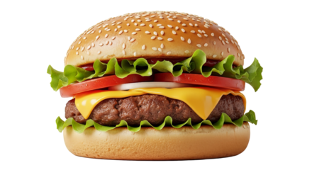 Delicious cheeseburger with fresh toppings on a sesame seed bun perfect for fast food restaurants and food photography projects on transparent background