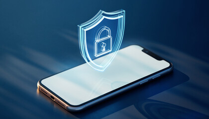 Digital Shield: Depicting a mobile phone overlaid with a glowing digital shield and lock symbol, a symbolic representation of mobile security and digital protection.