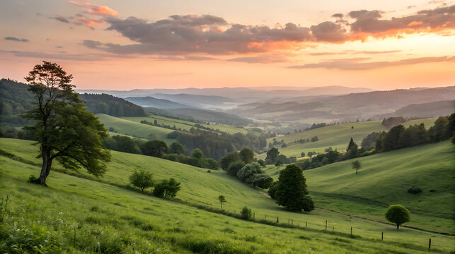 Rolling green hills landscape at sunset with fog - Powered by Adobe