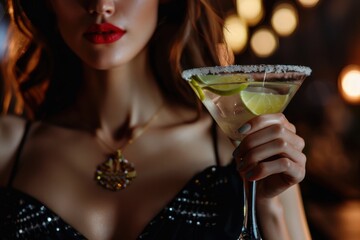 Seductive woman holding a sophisticated lime cocktail (Margarita/Daiquiri) with a salted rim in an exclusive nightclub or bar, highlighting red lips and luxurious bokeh lighting.