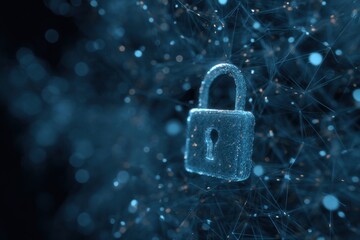 Illustration of a digital padlock icon representing cybersecurity within a network of connections