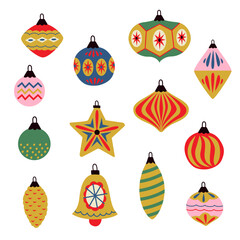 set of isolated cute retro Christmas ornaments