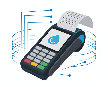 Modern payment terminal with digital connections and receipt